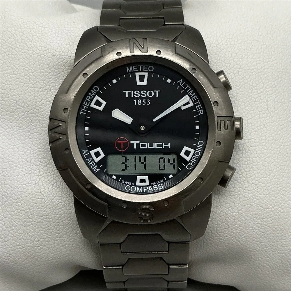 Tissot T-Touch Mens Watch 40mm Black Dial Titanium Bracelet New Battery 7.5